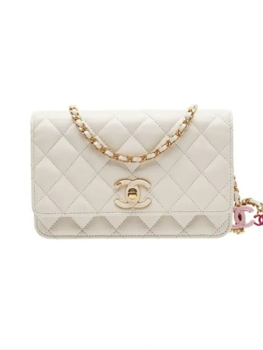 New In Box Chanel Cream Quilted Leather Wallet On Chain Adjustable Chain